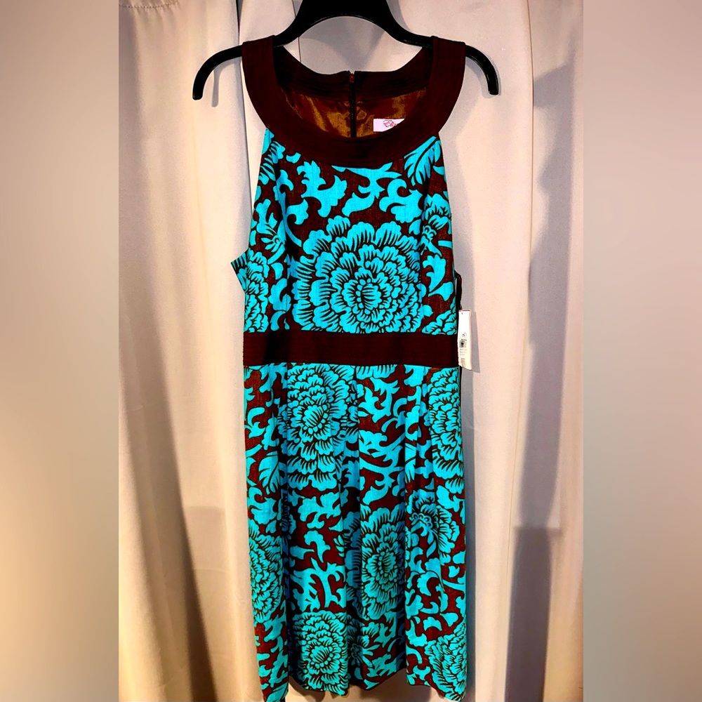 Eliza J Teal Floral Fit-and-Flare Midi Dress with Brown Accents